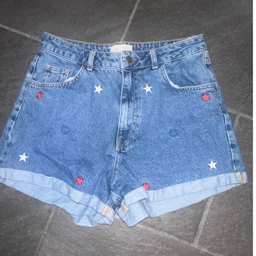 Harper Heritage Women High Rise Star Embroidered Denim Shorts Blue Size 29